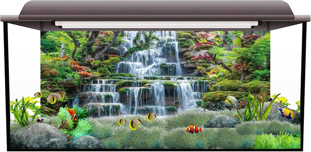 AWERT 24x16 inches Waterfall Aquarium Background Forest Park Green Tropical Plants Fish Tank Background Reptile Habitat Background Vinyl Background