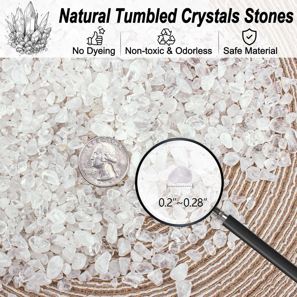 0.88 Lb Clear Quartz Crystal Chips Natural Tumbled Healing Crystal Chips Bulk Crushed Stones, Betta Fish Tank Gravel Rocks Clear Mini Pebbles for Aquarium, Vase Fillers, Succulent Plants Decor, 3-5 mm