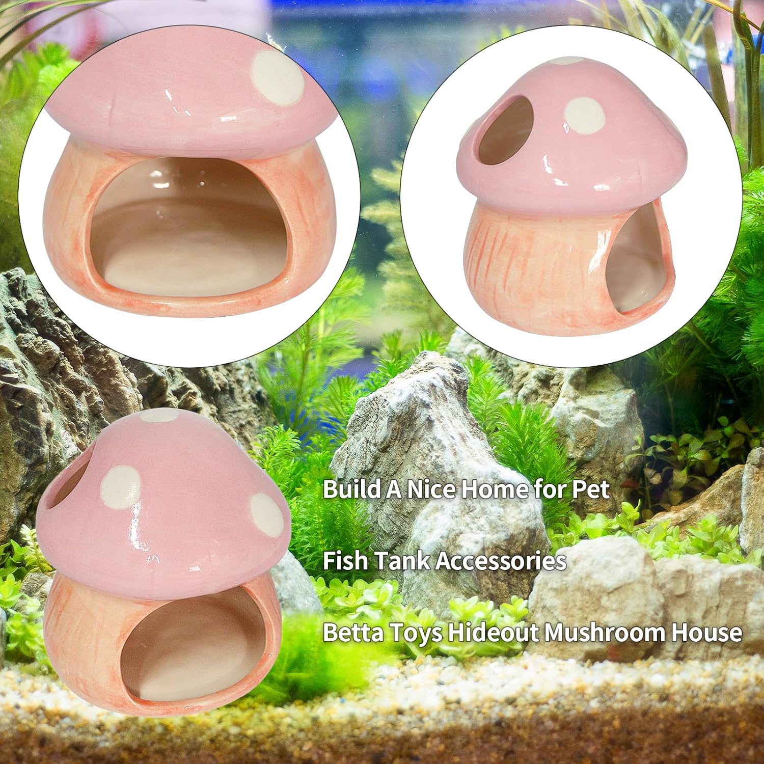 Mushroom Fish Tank Decor, Ceramics Aquarium Shrimp Cave, Betta Hideout Decoration, Cottage Ornament Goldfishes Pleco Cave for Fish Tank Landscape Hideaway Spawning Decor - Pink