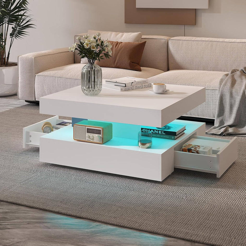 White LED Coffee Table with 2 Storage Drawers for Living Room Square Center Middle Table Modern Cocktail Table with Light 2-Tier Tea Tables Contemporary Mid Century Wood Home Office Waiting Room