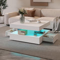 White LED Coffee Table with 2 Storage Drawers for Living Room Square Center Middle Table Modern Cocktail Table with Light 2-Tier Tea Tables Contemporary Mid Century Wood Home Office Waiting Room