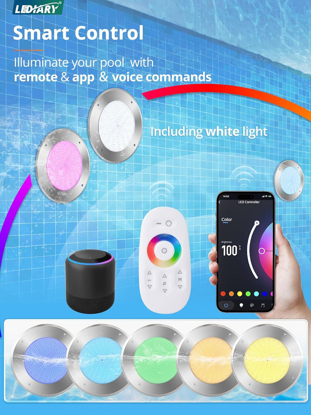 LEDIARY 10" RGBW LED Pool Lights for Inground Pool, 120V 54Watt Swimming Pool Lights with 50FT Cord, IP68 Waterproof Pool Underwater Light for 10" Wet Niches (Transformer & Controller Included)