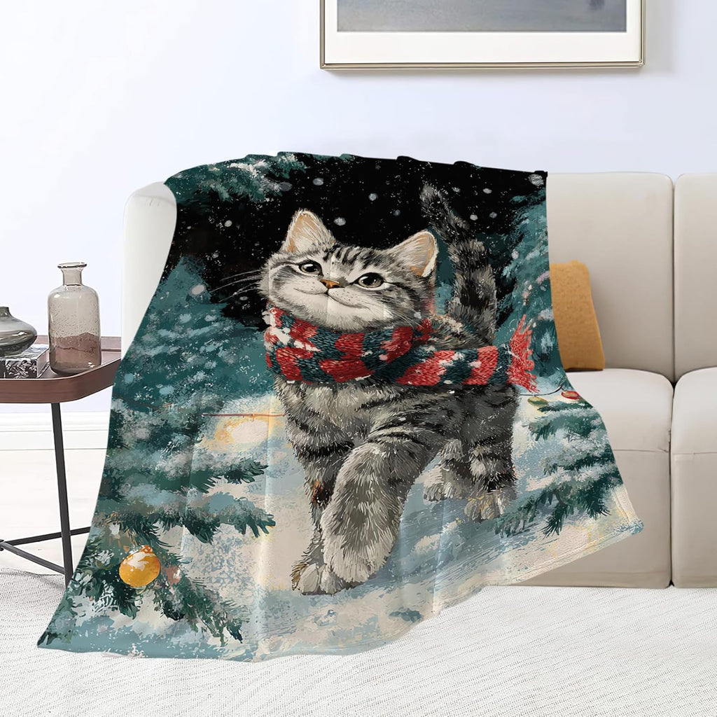 Cat Blanket Christmas Winter Night Throw Blankets Kitten Gifts for Girls Boys Kids Cat Lover Soft Cozy Fleece Plush for Couch Sofa Bed 60"x50"