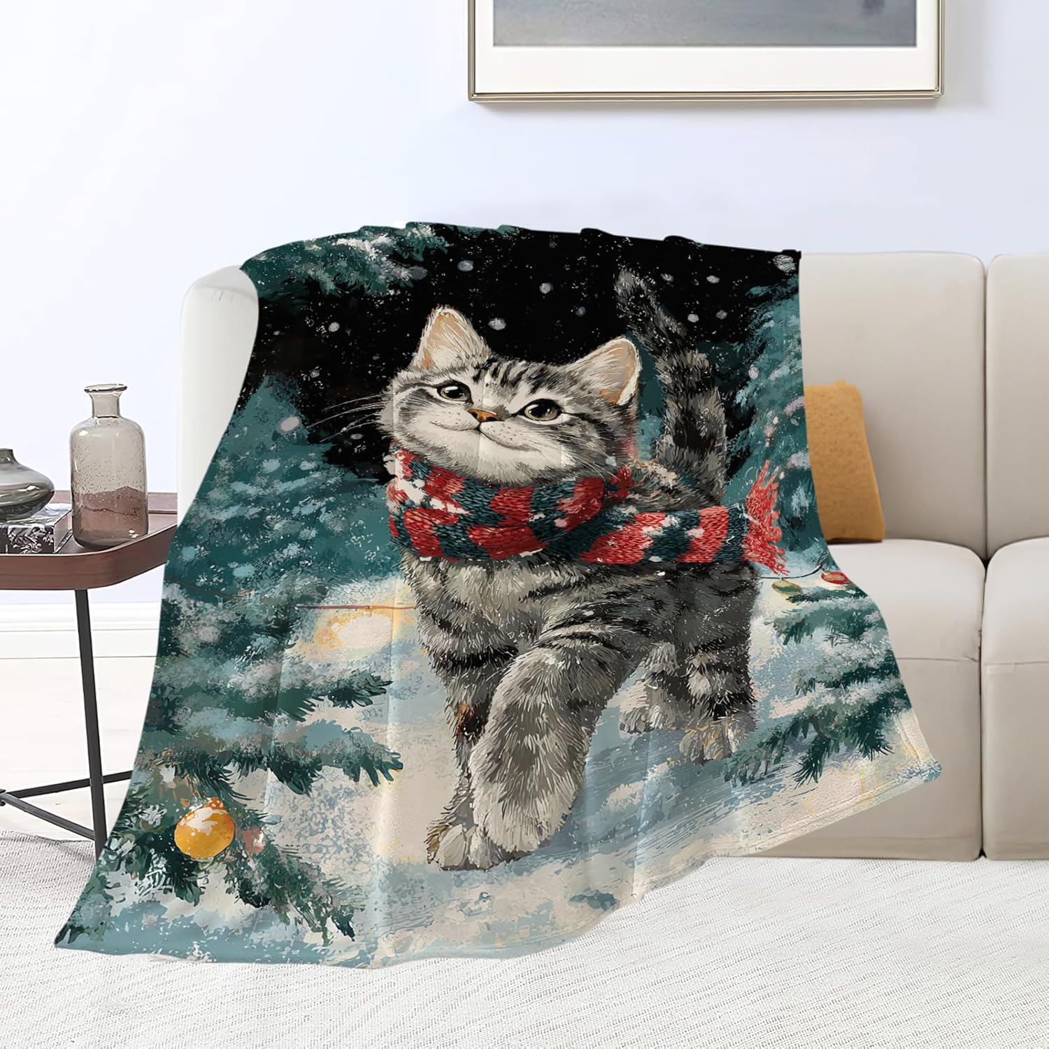 Cat Blanket Christmas Winter Night Throw Blankets Kitten Gifts for Girls Boys Kids Cat Lover Soft Cozy Fleece Plush for Couch Sofa Bed 80"x60"