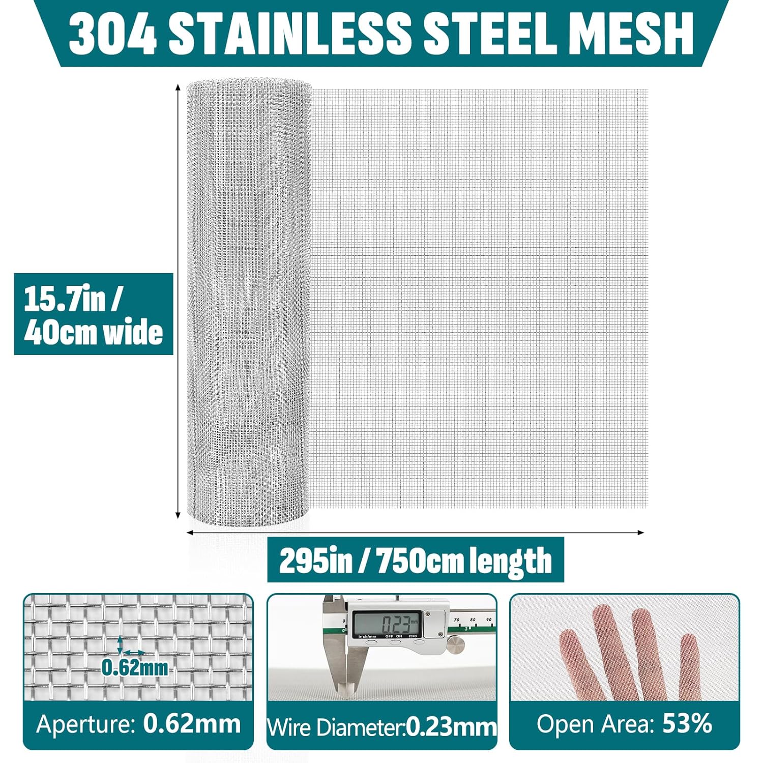 30 Mesh 304 Stainless Steel Mesh Screen, 15.7'' x 295''(40cm x 750cm) Wire Screen Mesh, Rust Free Woven Wire Mesh, Metal Mesh Screen for Air Vents, Garden Covers, Filters, Window Screen