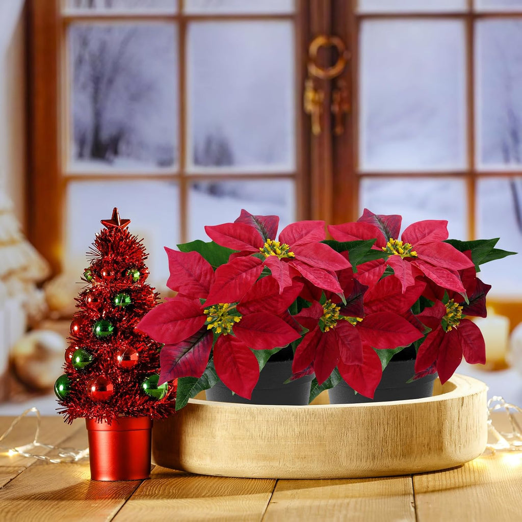 Poinsettias Artificial Christmas Flowers Tabletop Small Red Poinsettia Plant Artificial 9 Inch Faux Winter Flowers for Xmas Ornament Porch Home Garden Decorations(2 Pack)