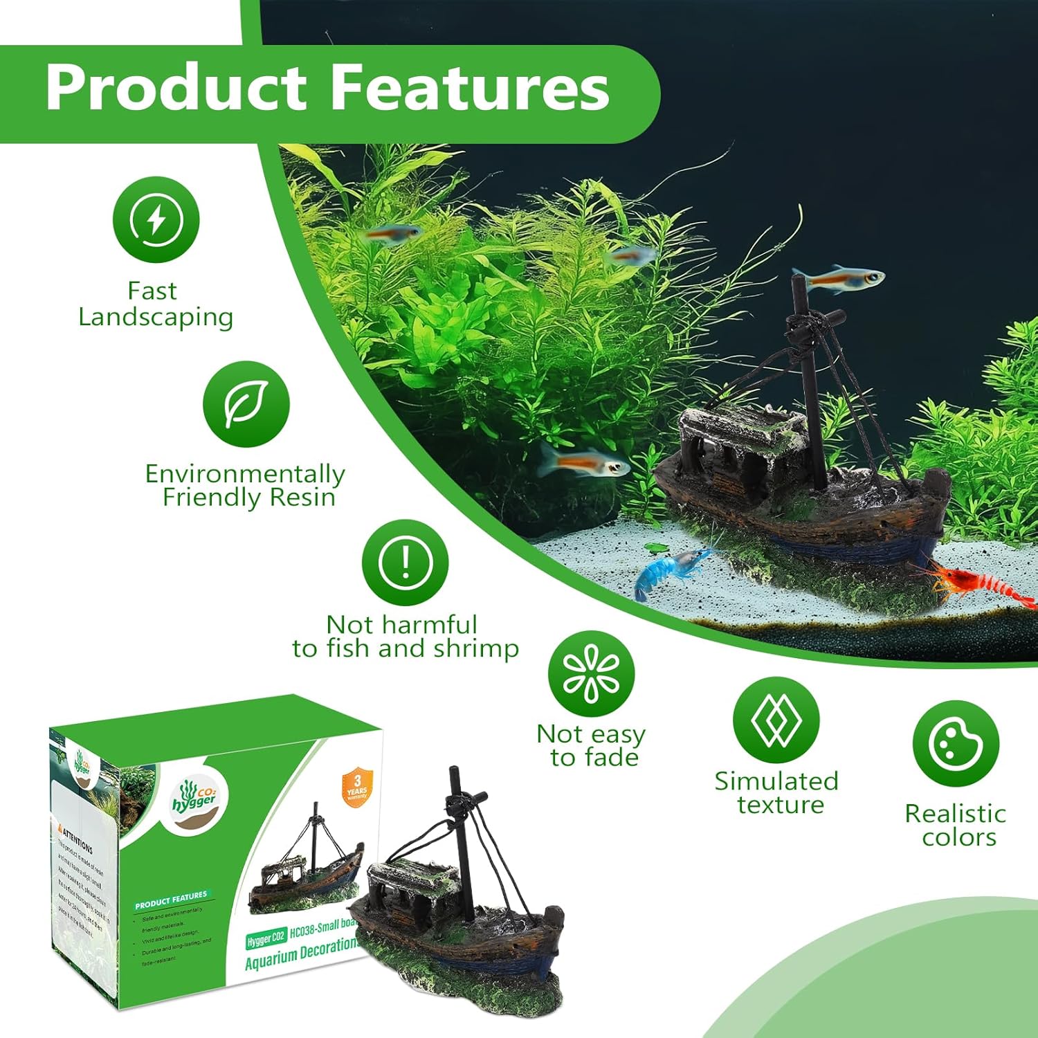 Small Boat Aquarium Decorations Resin - Sunken Shipwreck Fish Tank Ornament for Aquatic Adventure Scene-Approx. 4.9" L x 2.4" W x 3.9" H (Small Boat)