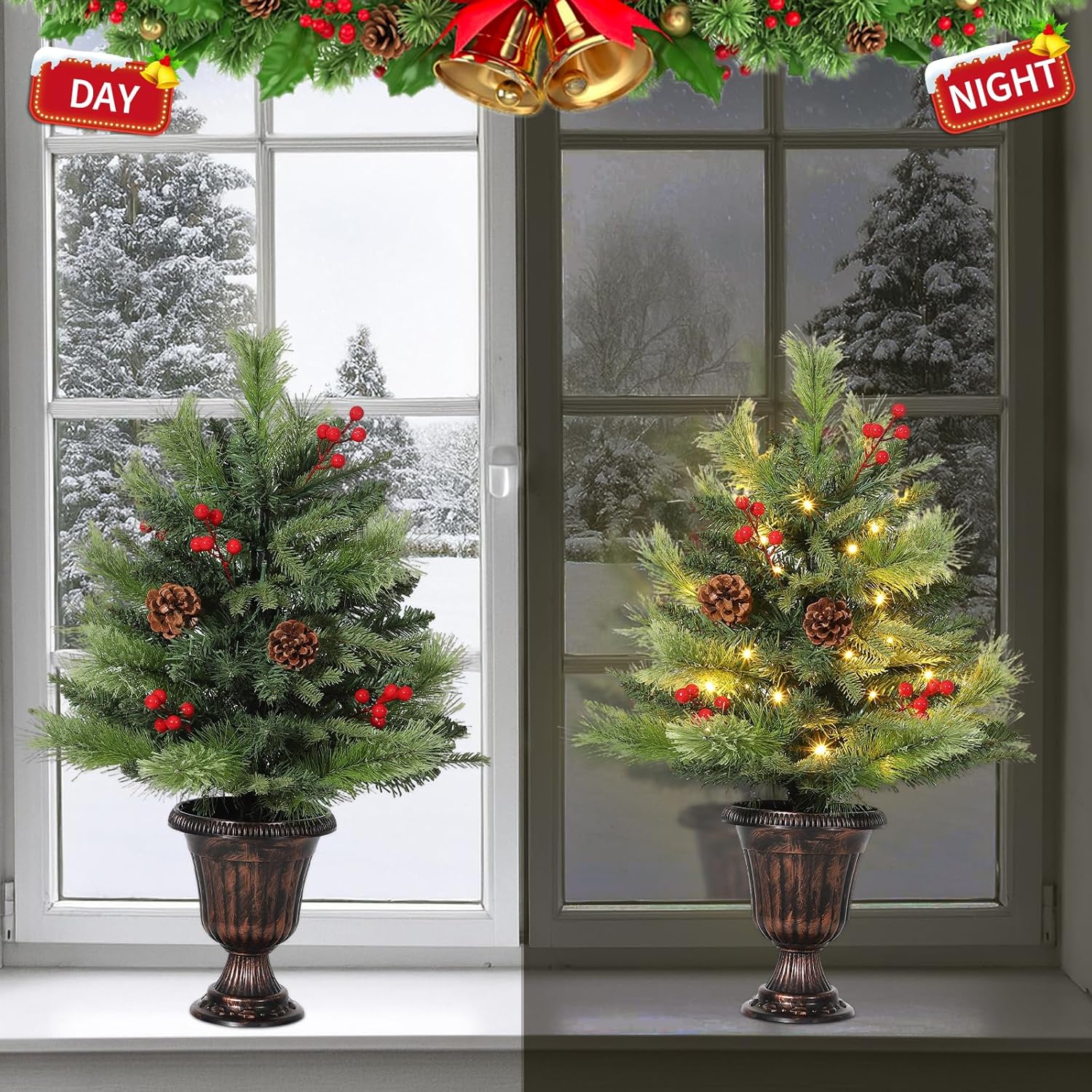 Garvee 2 Ft Pre-Lit Tabletop Christmas Tree, Small Christmas Tree, Artificial Mini Xmas Tree with Pine Cones & Red Berries for Home Office Holiday Decor