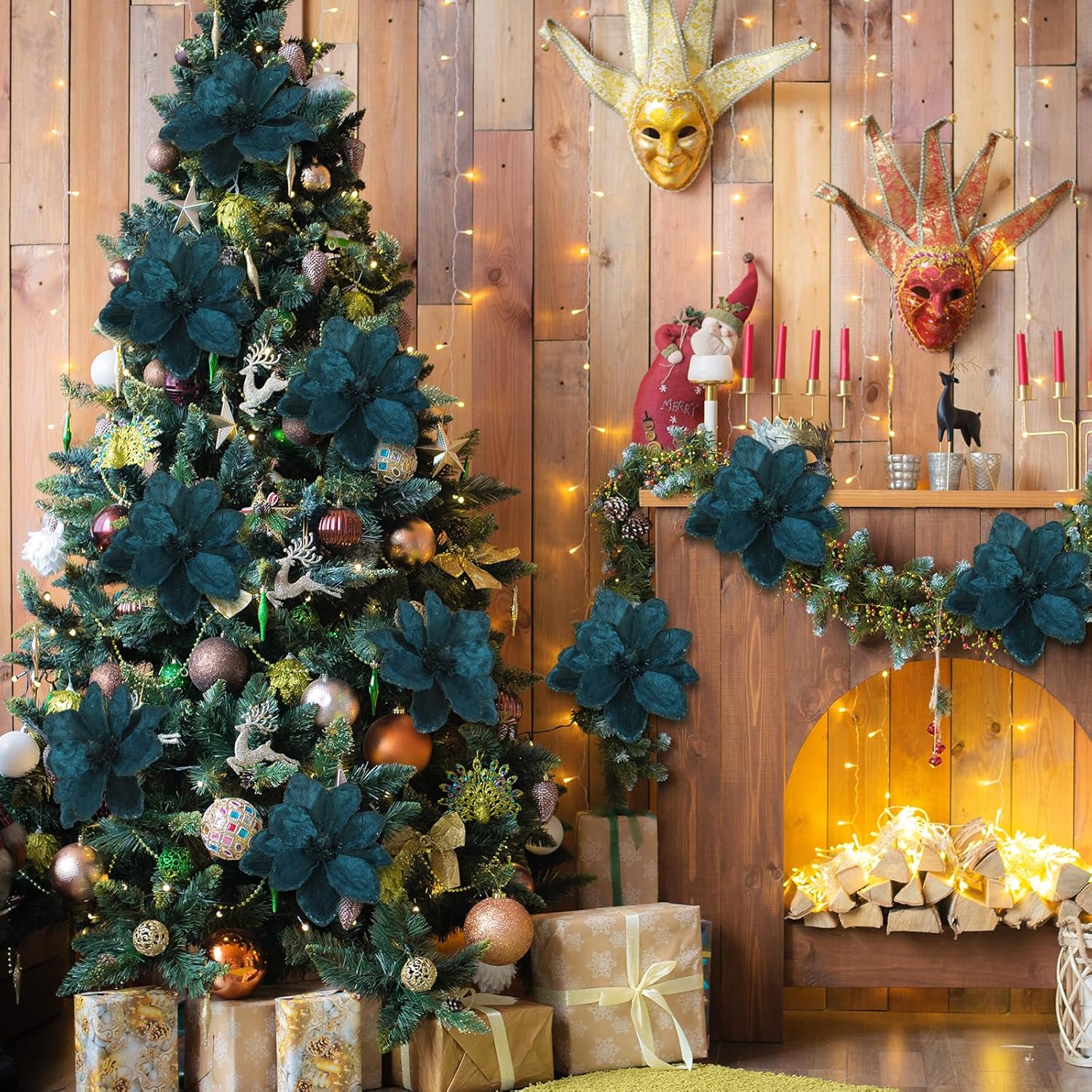 8 Pcs Large Christmas Flower Magnolia Flowers Christmas Tree Decoration Artificial Poinsettia Stems Velvet Xmas Ornaments for Xmas Tree Table Decor(Peacock Green,12 Inch)