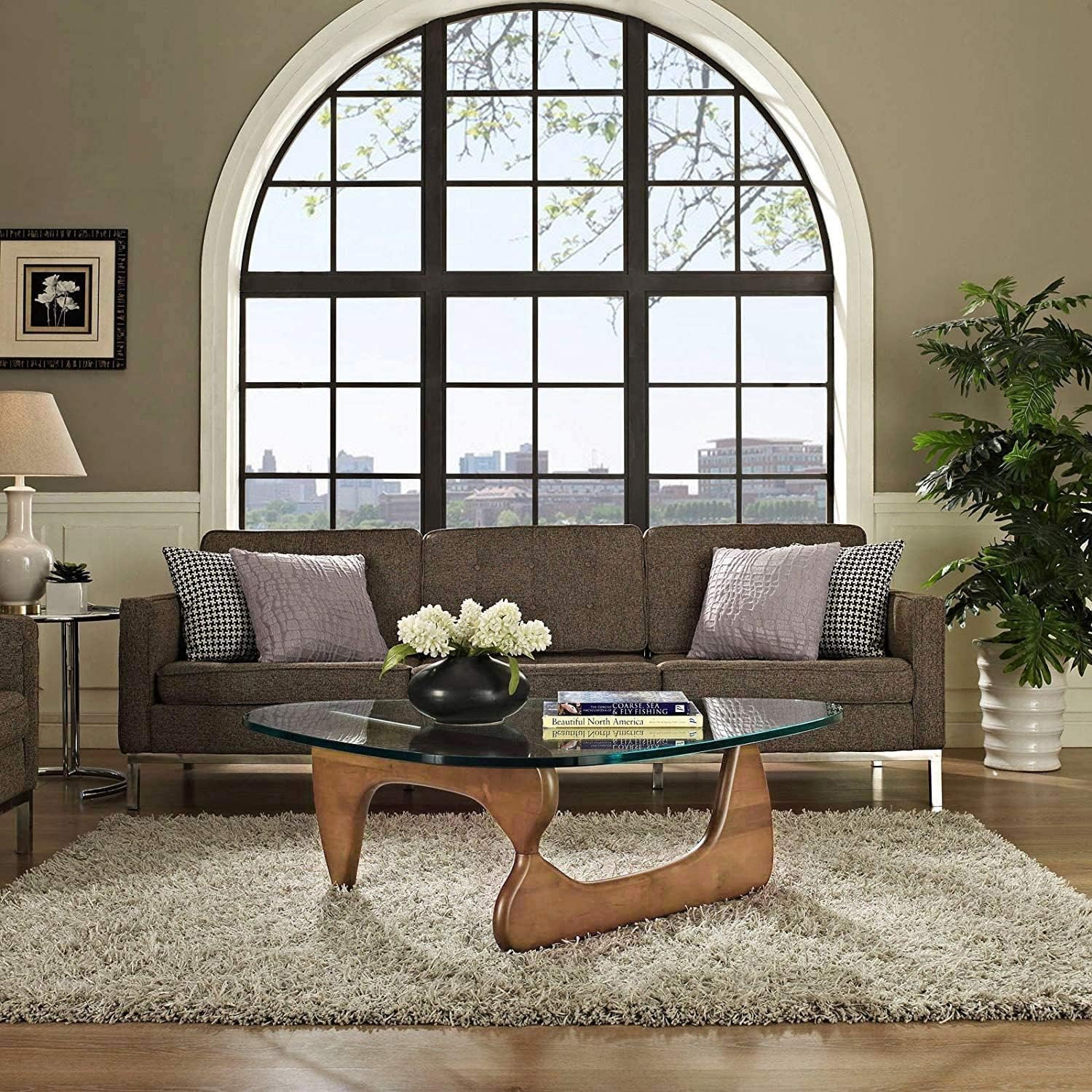 Noguchi Table Triangle Glass Coffee Table Vintage Glass End Table, Solid Wood Base and Triangle Clear Glass Top Modern End Table for Living Room, Patio, Study (Light Walnut)