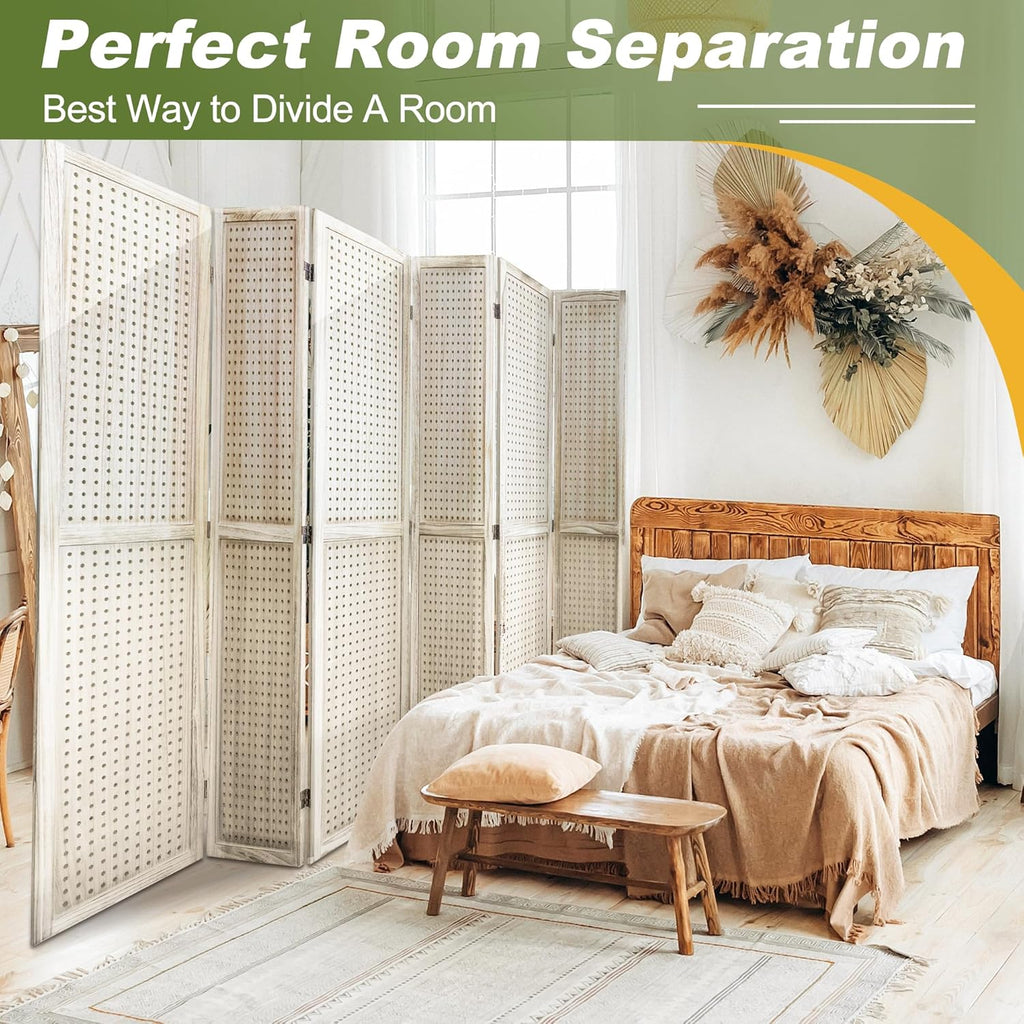 NicBex 6 Panel Pegboard Display,5.6FT Wood PegBoard Room Dividers,Folding Privacy Screens Portable Freestanding Display Board for Craft/Art Shows,Room Separation,Natural Wood