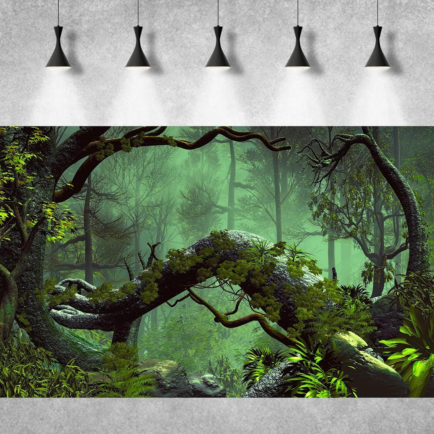 Forest Aquarium Background Jungle Plants Lush Green Trees Reptile Habitat Background Foggy Rainforest Natural Landscape Fish Tank Background Misty Rainforest Terrarium Background Vinyl 72x16in