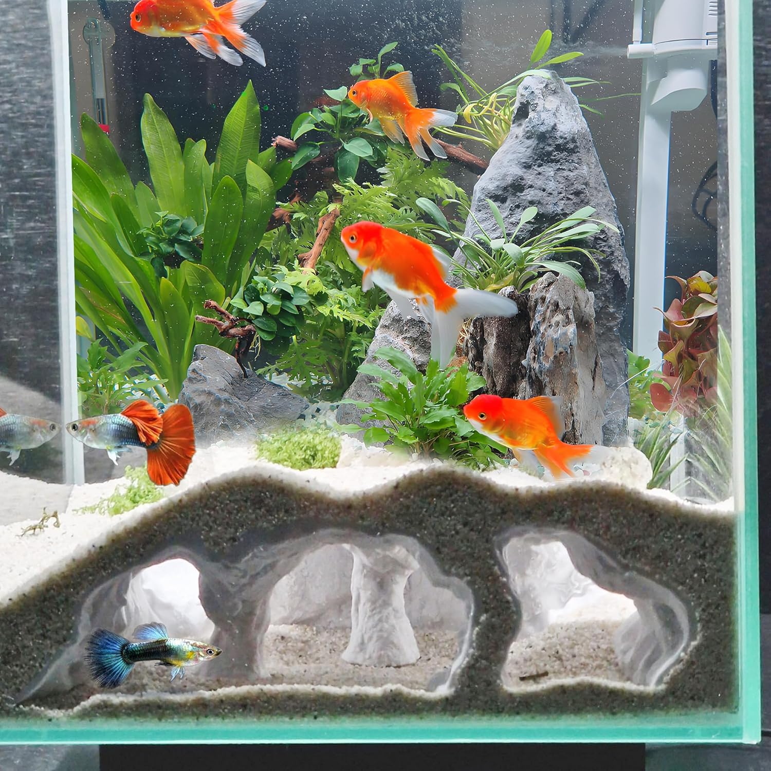 LIYAOLI Aquarium Ornaments Cave Tunnel with Viewing Ports | Fish Tank Decoration Hideout for Pleco, Shrimp & Corydoras | Substrate-Friendly Design & Sinking Base (S - White)