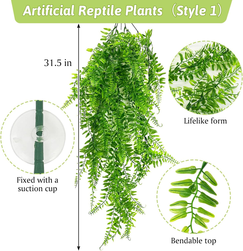 VCEPJH 4 Pcs Reptile Plants, Climbing Wood Branch Terrarium Hanging Fake Plant Leaves Bearded Dragon Tank Accessories, Habitat Decor for Snake Leopard Gecko Lizard Chameleon (Style 3)