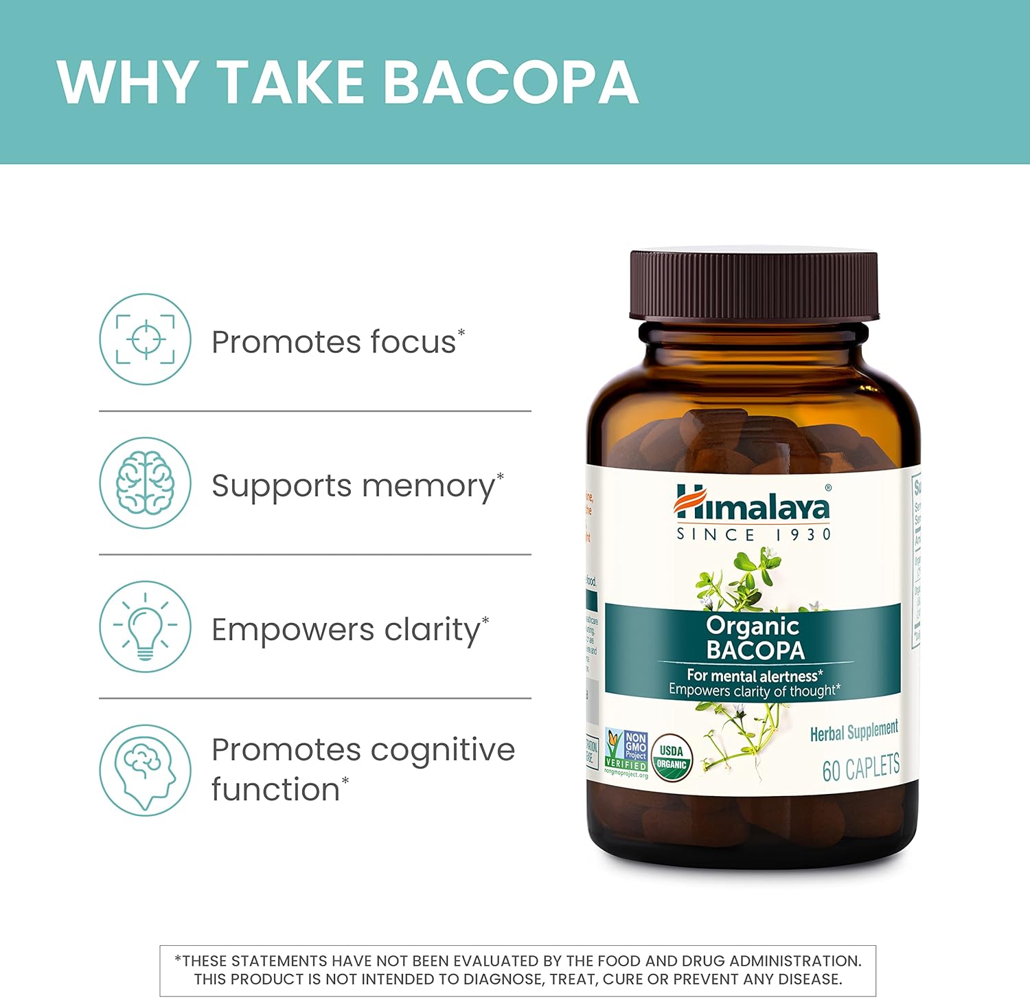Himalaya Bacopa Monnieri Nootropic Herbal Supplement, Supports Calm, Memory, Cognition, USDA Certified Organic, Non-GMO, 750 mg, 60 Plant-Based Caplets, 60 Day Supply