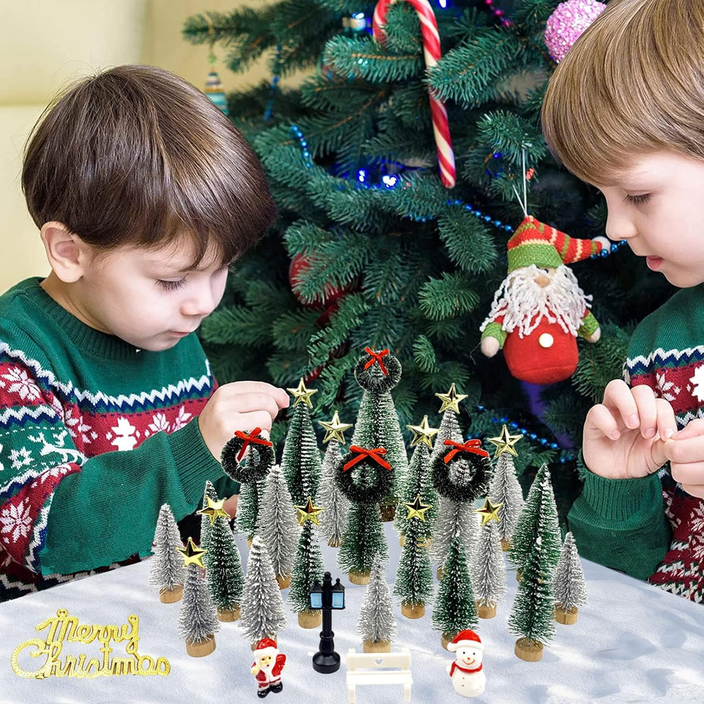 Mini Christmas Trees, Artificial Bottle Brush Trees Sisal Snow Trees with Wooden Base for Christmas Decor Christmas Party Home Table Village Craft Decorations (42 pcs kit)