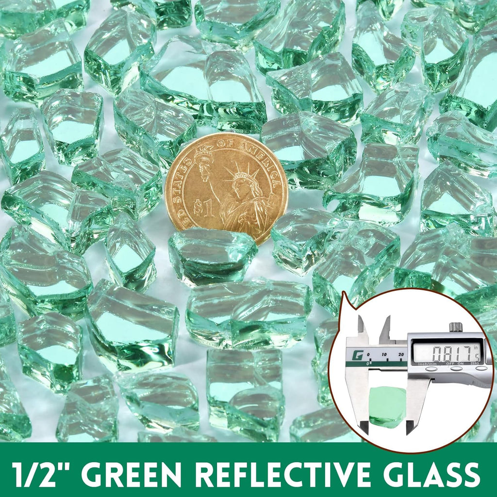 GasSaf 1/2 Inch Fire Glass Reflective Tempered Fireglass Cut Crushed FireGlass for Fire Pit, Fireplace, Replaces Existing Gas Logs & Lava Rocks (10 Pound)(Green Reflective)