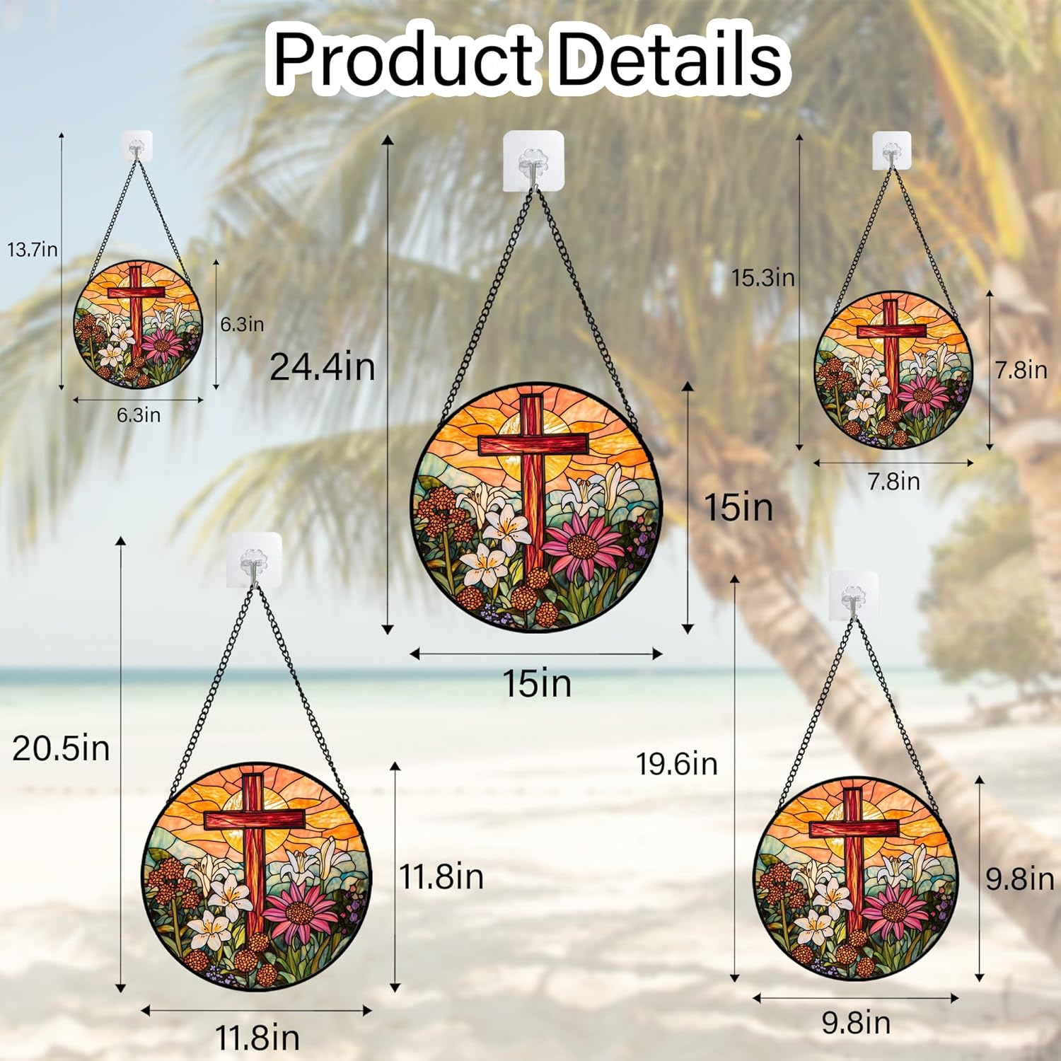 Christian Gifts for Women - Cross Stained Glass Window Hanging Easter Flower Sunset Landscape Sun Catcher Garden Religion Decor Mother's Day Catholic Gift for Men Grandma Mom Her Nana 9.8"