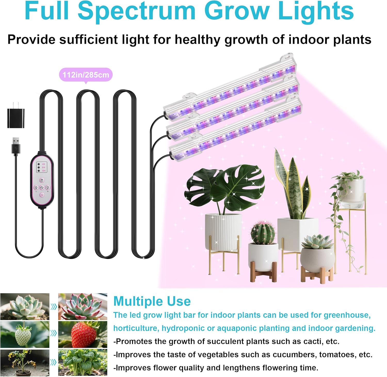 7.8'' LED Grow Light Strips, Grow Lamps for Indoor Plants Full Spectrum, Plant Light with 4/8/12H Timer, 10 Dimmable Levels for Seedling Succulent,Best Match for Plant Shelf, 3 Head