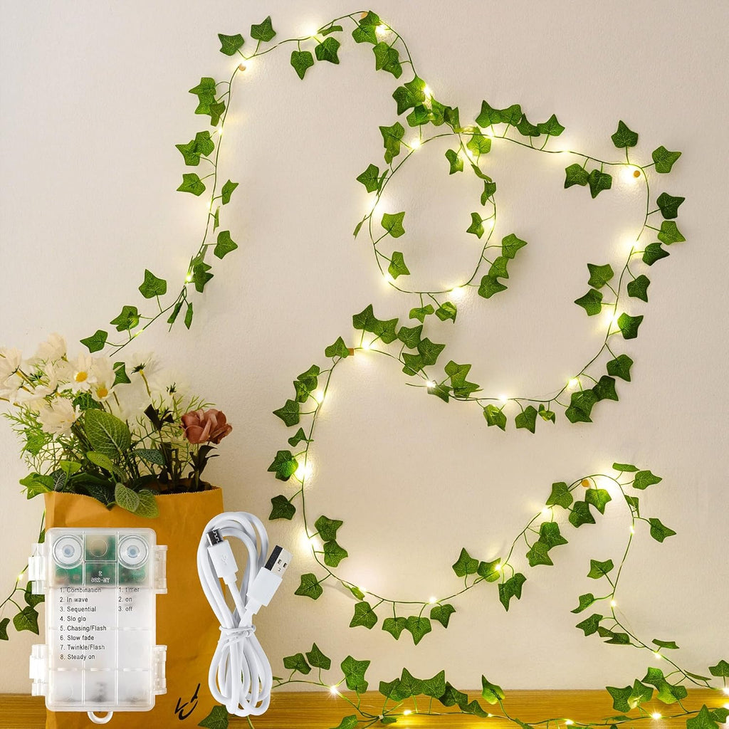 HEYFUNi Vines with Lights, 23 Ft 73 Led Fake Ivy Vines with Fairy Lights USB/Battery Operated, Leaf String Lights for Bedroom, Wall, Balcony, Wedding Decor, Warm White