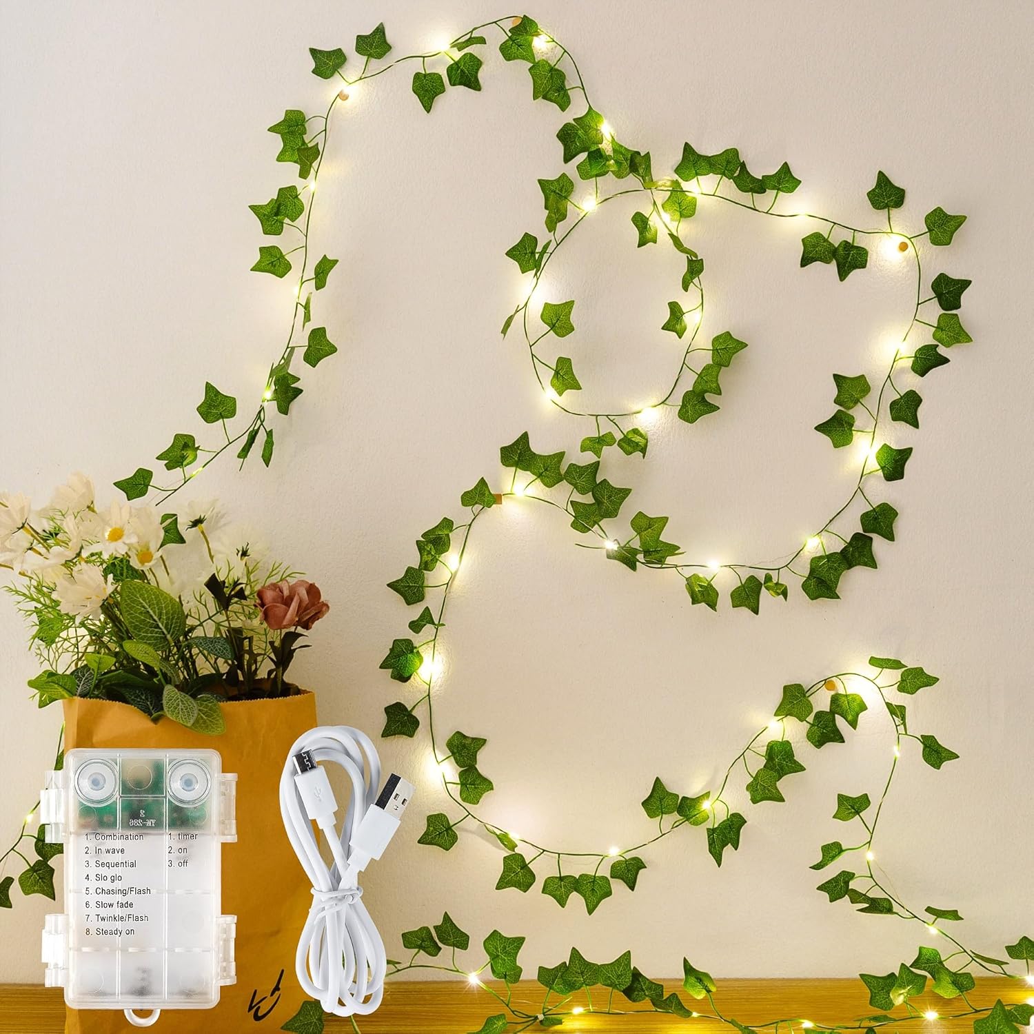 HEYFUNi Vines with Lights, 23 Ft 73 Led Fake Ivy Vines with Fairy Lights USB/Battery Operated, Leaf String Lights for Bedroom, Wall, Balcony, Wedding Decor, Warm White