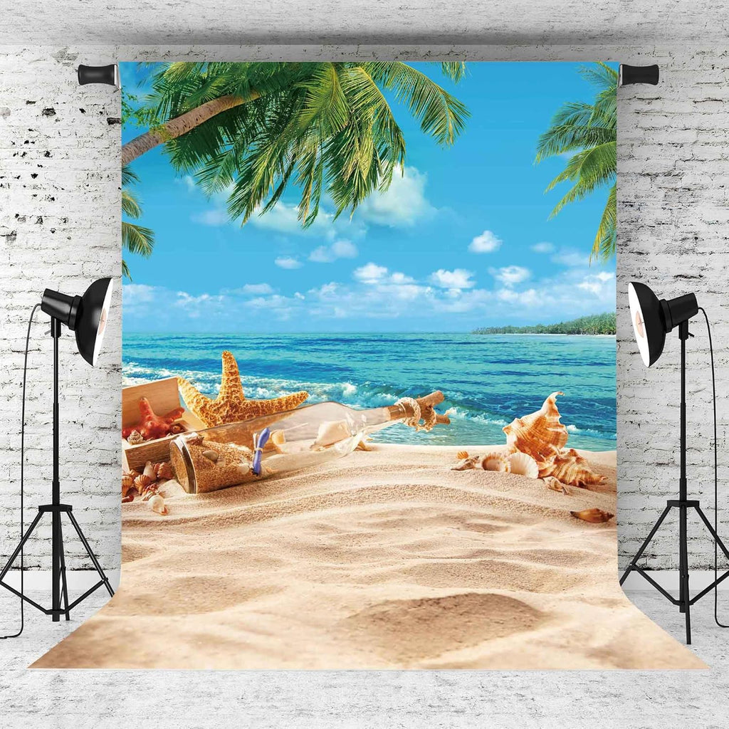 5X7ft Polyester Blue Summer Beach Seaside Sunset Backdrop Tropical Hawaiian Ocean Palm Tree Photography Background for Aloha Luau Party Decoration Supplies Banner Photo Booth Props