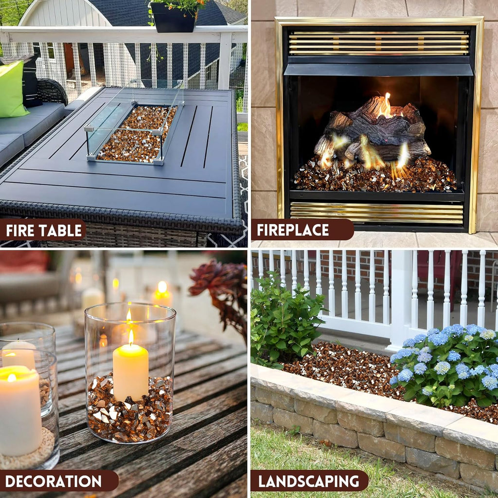 GasSaf 1/4 Inch Fire Glass Reflective Tempered Fireglass Cut Crushed FireGlass for Fire Pit, Fireplace, Replaces Existing Gas Logs & Lava Rocks (10 Pound)(Amber Reflective)