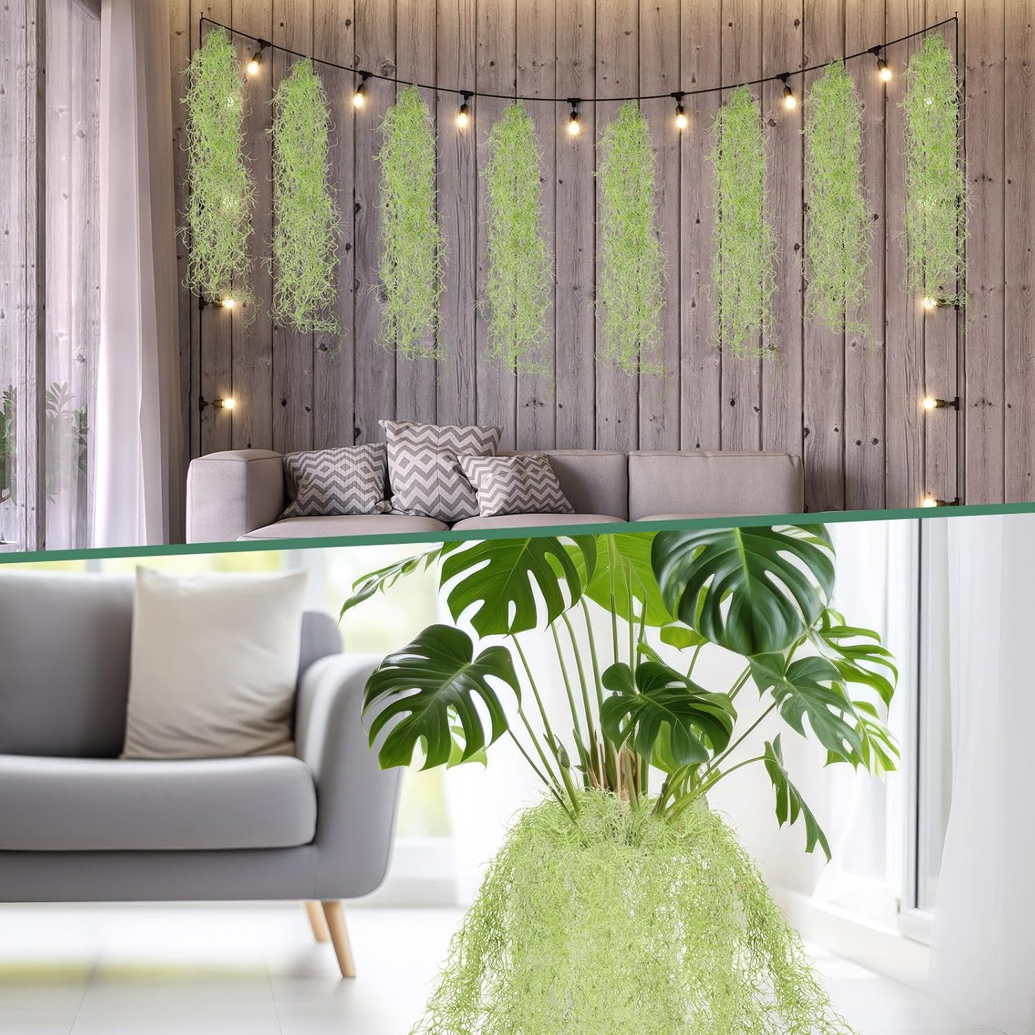 Cindeer 24 Pack Fake Spanish Moss Artificial Hanging Decoration Bulk Faux Greenery Moss Garland for Potted Wall Living Room Indoor Outdoor Decor(33 Inch,Green)
