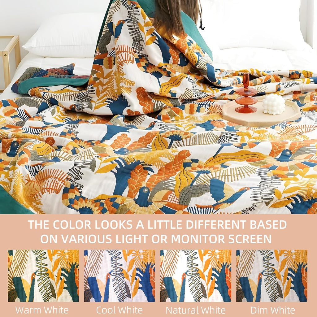 Boho Throw Blanket for Bed - 100% Pure Cotton Ultra Soft Rustic Quilt - Farmhouse Decor Bed Blankets, All Season Rustic Throw for Sofa Couch Chair(60"×80", Floral Bird)
