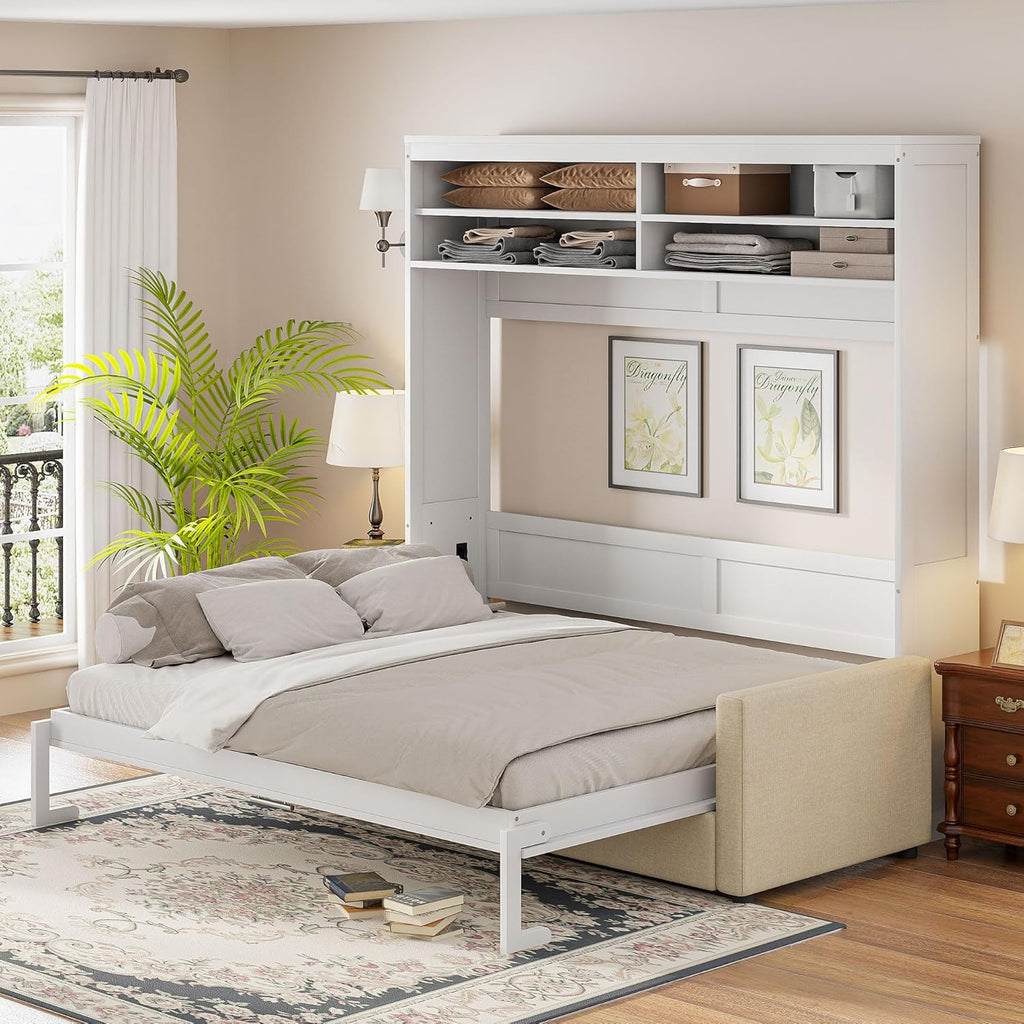 MERITLINE Queen Murphy Bed with 4 Seat Couch and Storage Shelves,Wood Murphy Bed Cabinet with Storage and Sofa,Folding White Murphy Wall Bed Cabinet Queen Size