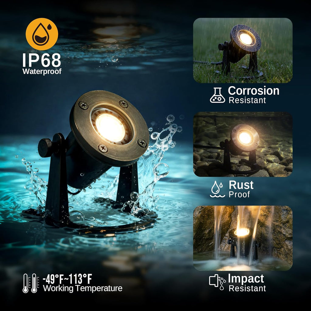 Gardenreet Bronze Pond Light - 12V Low Voltage Solid Brass Submersible Pondlight, IP68 Waterproof Fixture with 3000K MR16 LED Bulb for Outdoor Garden, Landscape, Waterfall, Fountain Lighting(8 Pack)