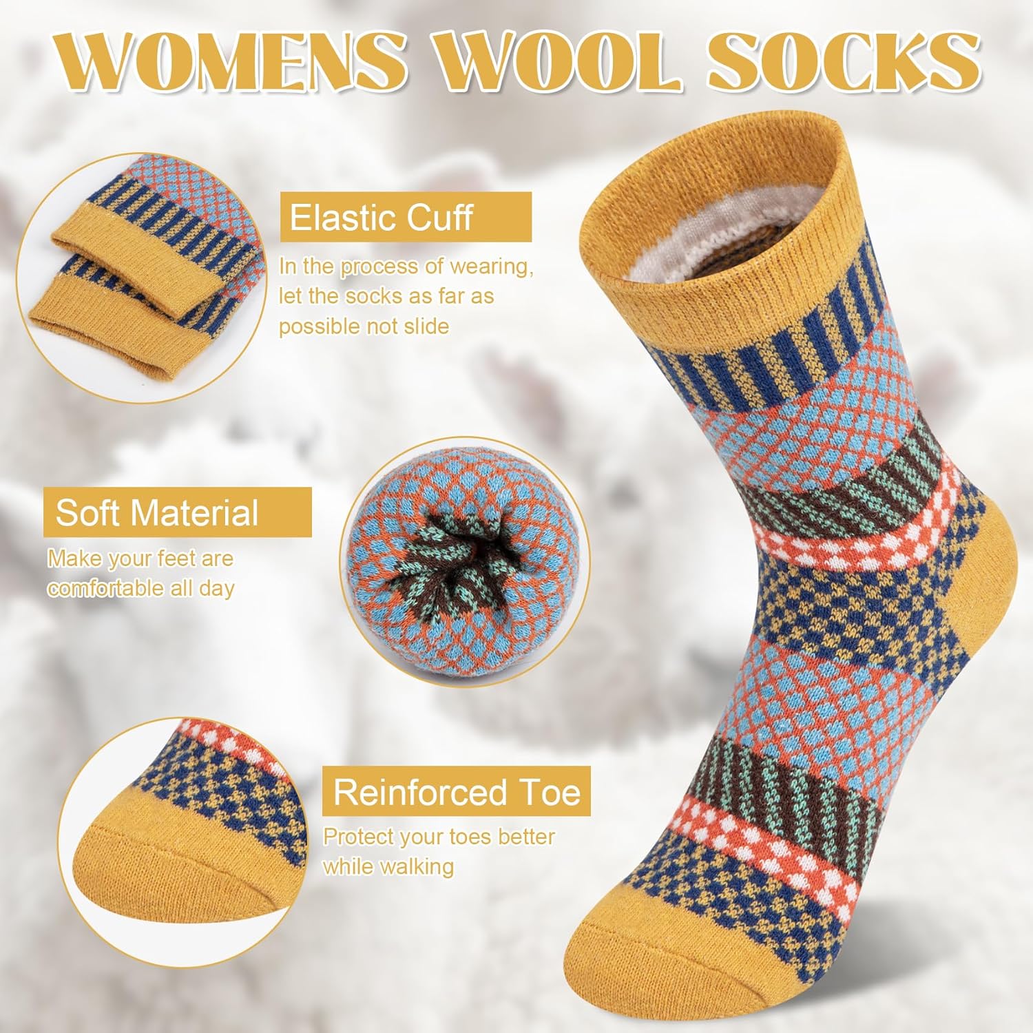 Justay 5 Pairs Wool Socks for Women - Winter Thick Boot Cozy Crew Vintage Soft Calf Knit Warm Socks Gifts