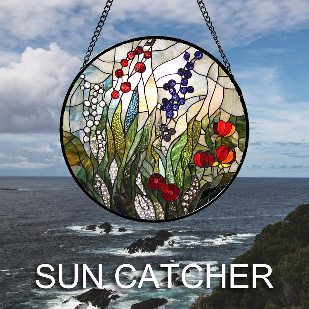 Stained Glass Window Hanging Red Purple Flowers Berry Green Plants 7.8" - Suncatcher Door Garden Sun Catcher Home Decor Birthday Christmas for Mom Men Woman Friend