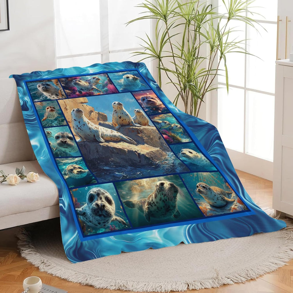 Seal Throw Blanket Ocean Seal Stuff Gifts for Kids Girls Boys Adults Women Men Soft Cozy Warm Plush Fluffy Fuzzy Fleece Blanket Decor 50''X60''