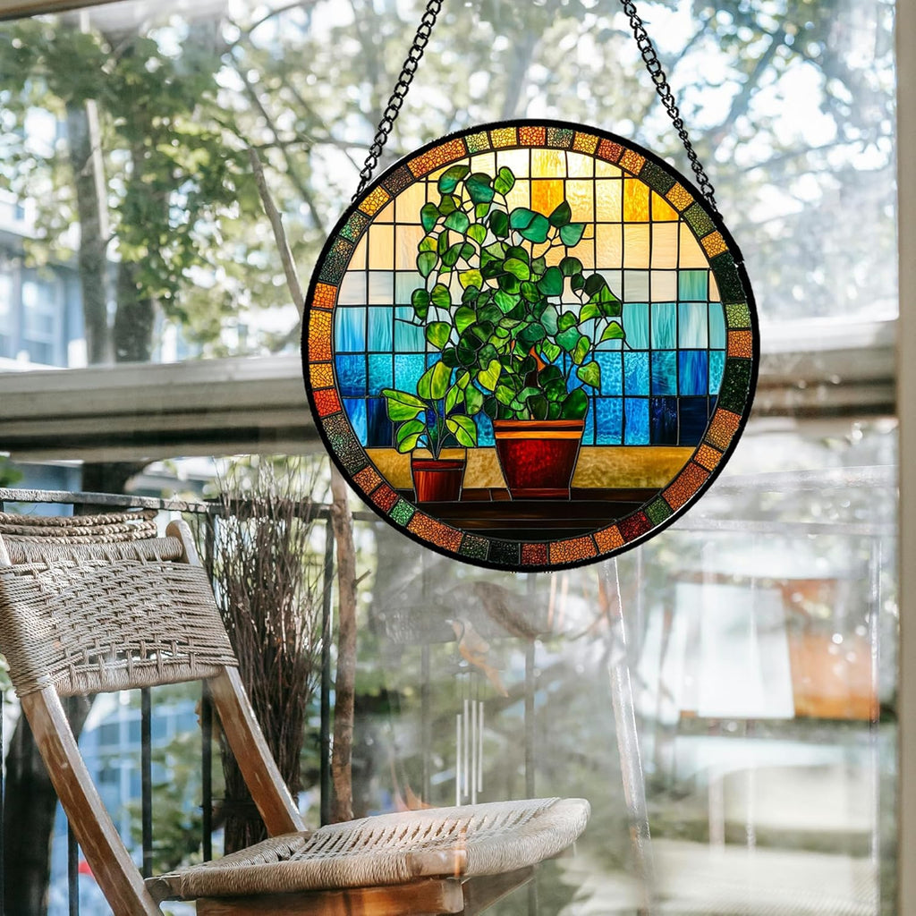 Stained Glass Window Hanging Green Potted Plants Large 15" - Suncatcher Door Garden Sun Catcher Retro Home Decor Birthday Christmas for Mom Men Woman Nana Friend