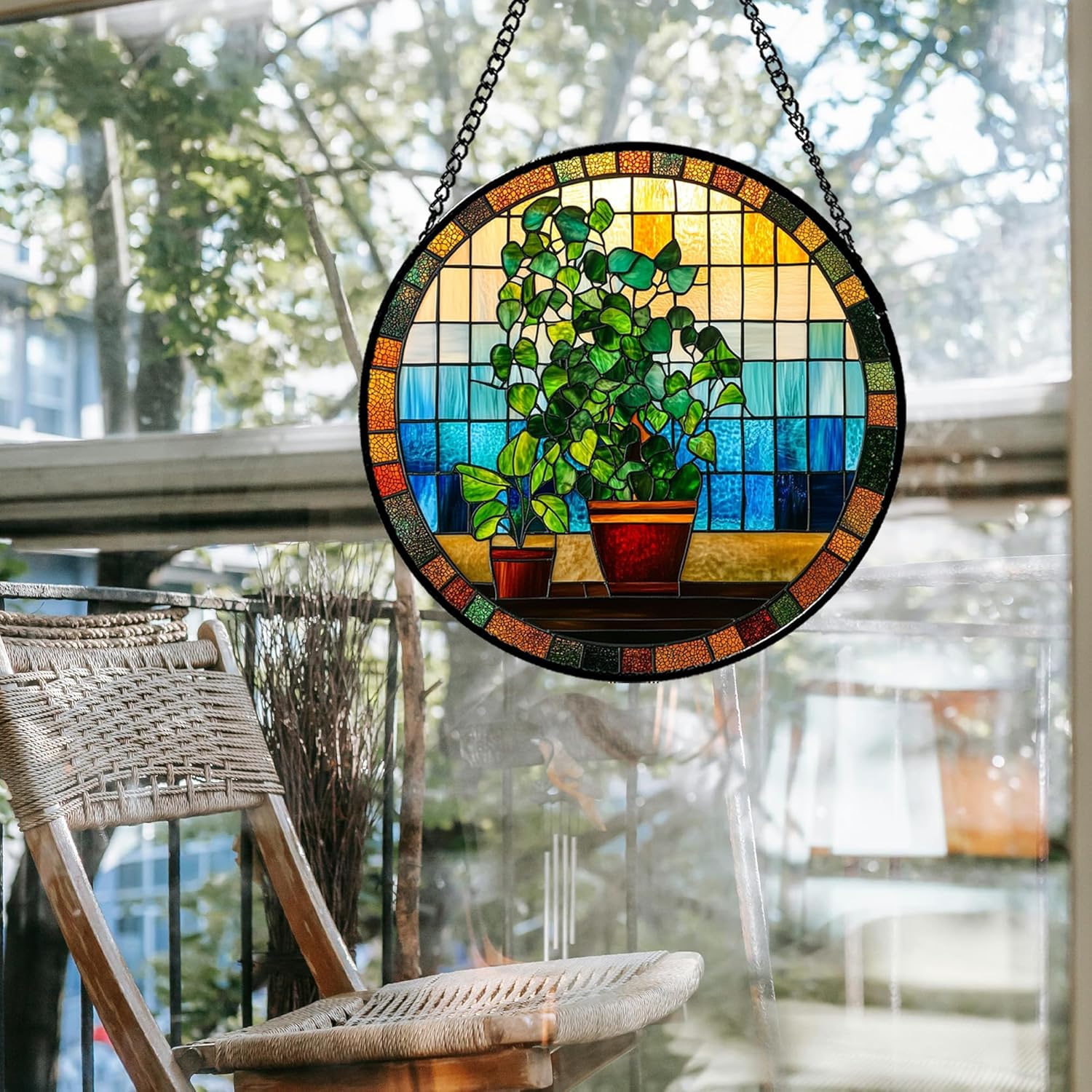 Stained Glass Window Hanging Green Potted Plants Large 15" - Suncatcher Door Garden Sun Catcher Retro Home Decor Birthday Christmas for Mom Men Woman Nana Friend