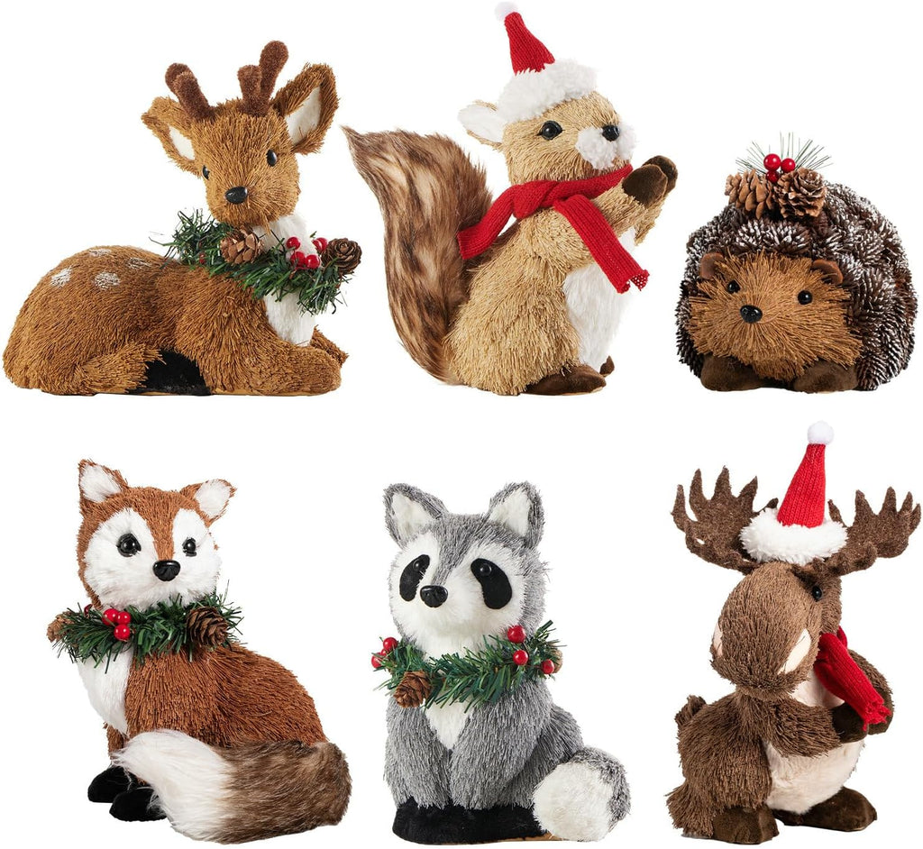 naturevibe Set of 6 Sisal Woodland Animals for Rustic Christmas Decorations, Forest Animals Figures with Holiday Accent as Christmas Table Decor or Holiday Decorations