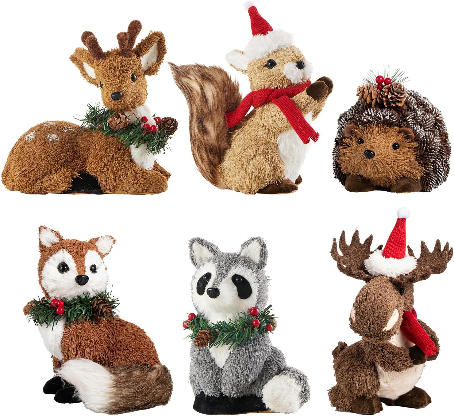 naturevibe Set of 6 Sisal Woodland Animals for Rustic Christmas Decorations, Forest Animals Figures with Holiday Accent as Christmas Table Decor or Holiday Decorations