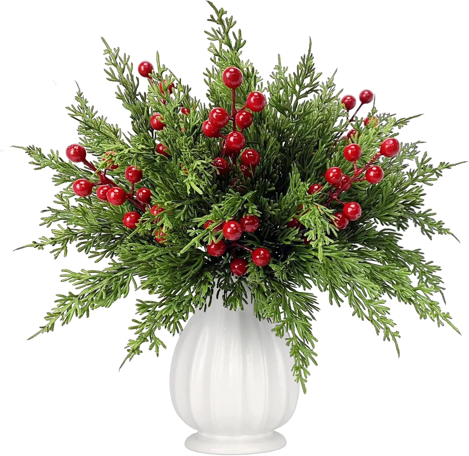 Ouddy Decor 80 Pcs Christmas Artificial Pine Branches, 12" Faux Norfolk Pine Cypress Leaves with Red Berry Stems for Christmas Tree Wreath Garland DIY Craft Table Vase Decor