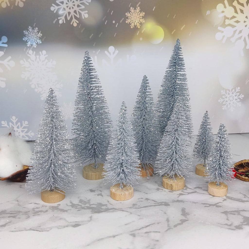 8 Pcs Artificial Mini Christmas Trees, Miniature Pine Trees Sisal Trees with Wood Base Tabletop Christmas Tree for Christmas Xmas Holiday New Year (Sliver, 8 pcs)