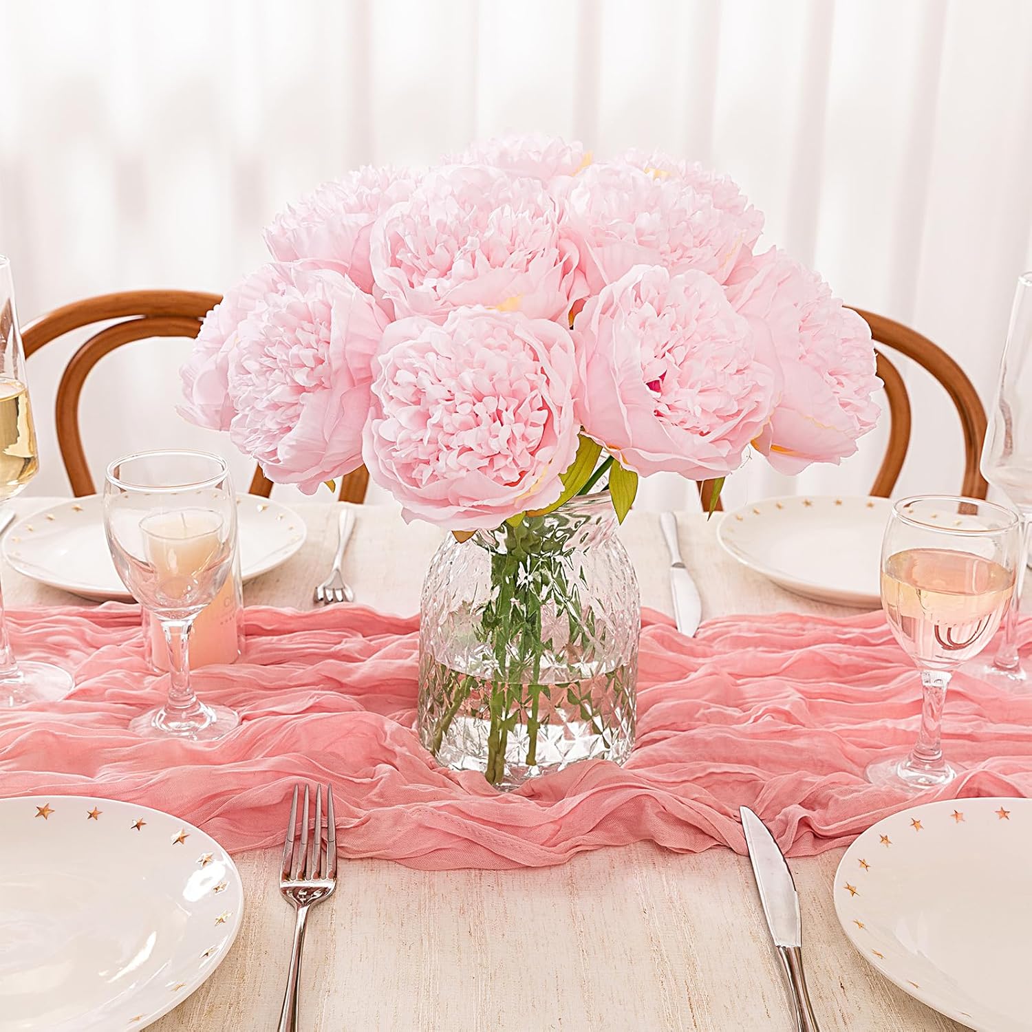 U'Artlines 2 Bouquet 10 Heads Artificial Peony Silk Flower Leaf Home Office Wedding Party Festival Bar Decor (Light Pink)