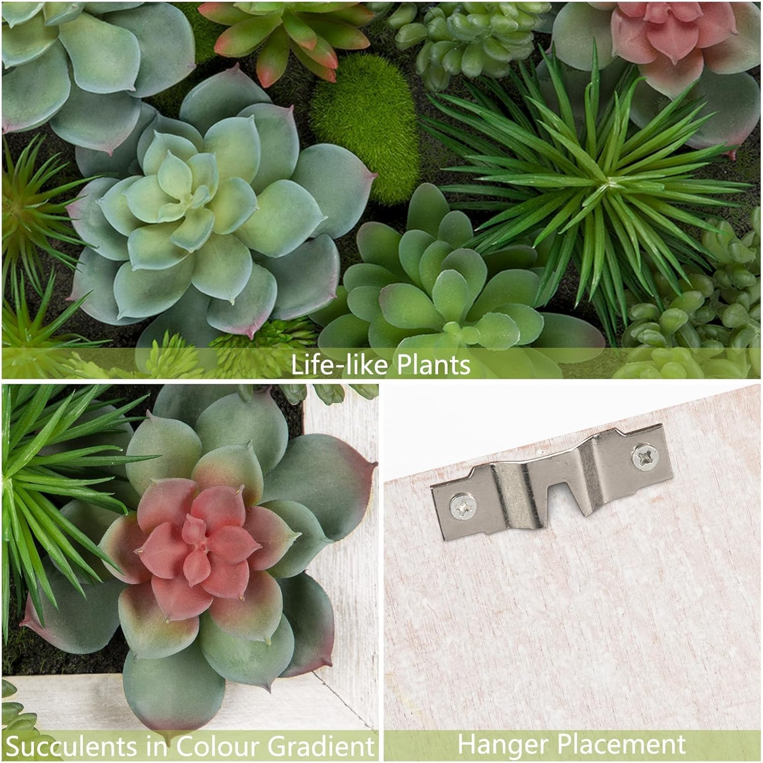 Hanging Wall Artificial Plants Decor Fake Succulent Arrangement with Moss and Rectangle Wooden White Frames Faux Plants Hanging Boho Decor for Farmhouse Living Room Bedroom Home Indoor
