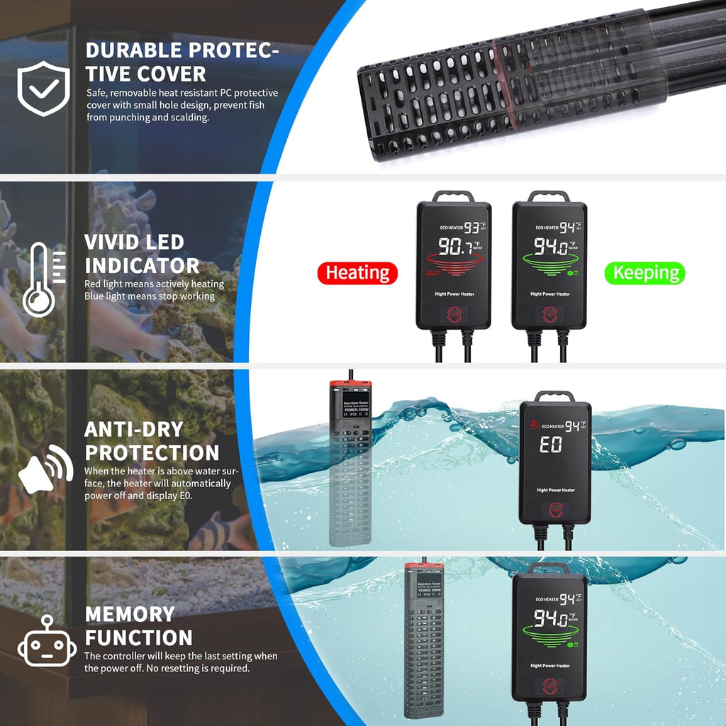 Aquarium Heater 1000W Submersible Fish Tank Heater with Double Quartz Tubes and LED Display Temperature Controller for 150-300 Gallon, Suitable for Saltwater and Freshwater