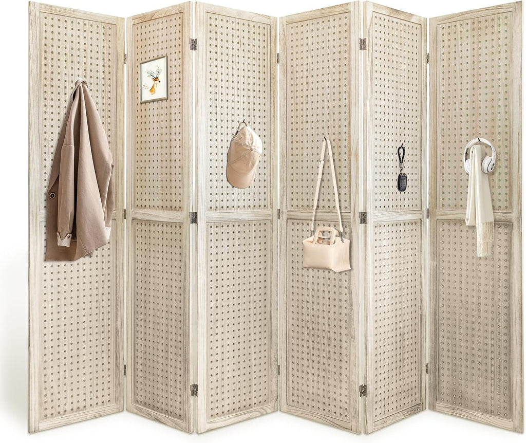 6 Panel Room Dividers 5.6FT Wall Divider with Freestanding Peg Board Display Wooden Folding Privacy Screen Foldable Partition Wall for Studio Apartment, Living Room, Natural Wood