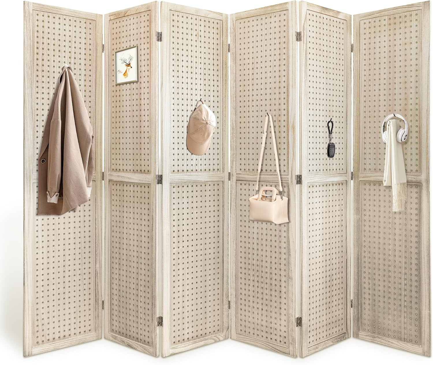 6 Panel Room Dividers 5.6FT Wall Divider with Freestanding Peg Board Display Wooden Folding Privacy Screen Foldable Partition Wall for Studio Apartment, Living Room, Natural Wood