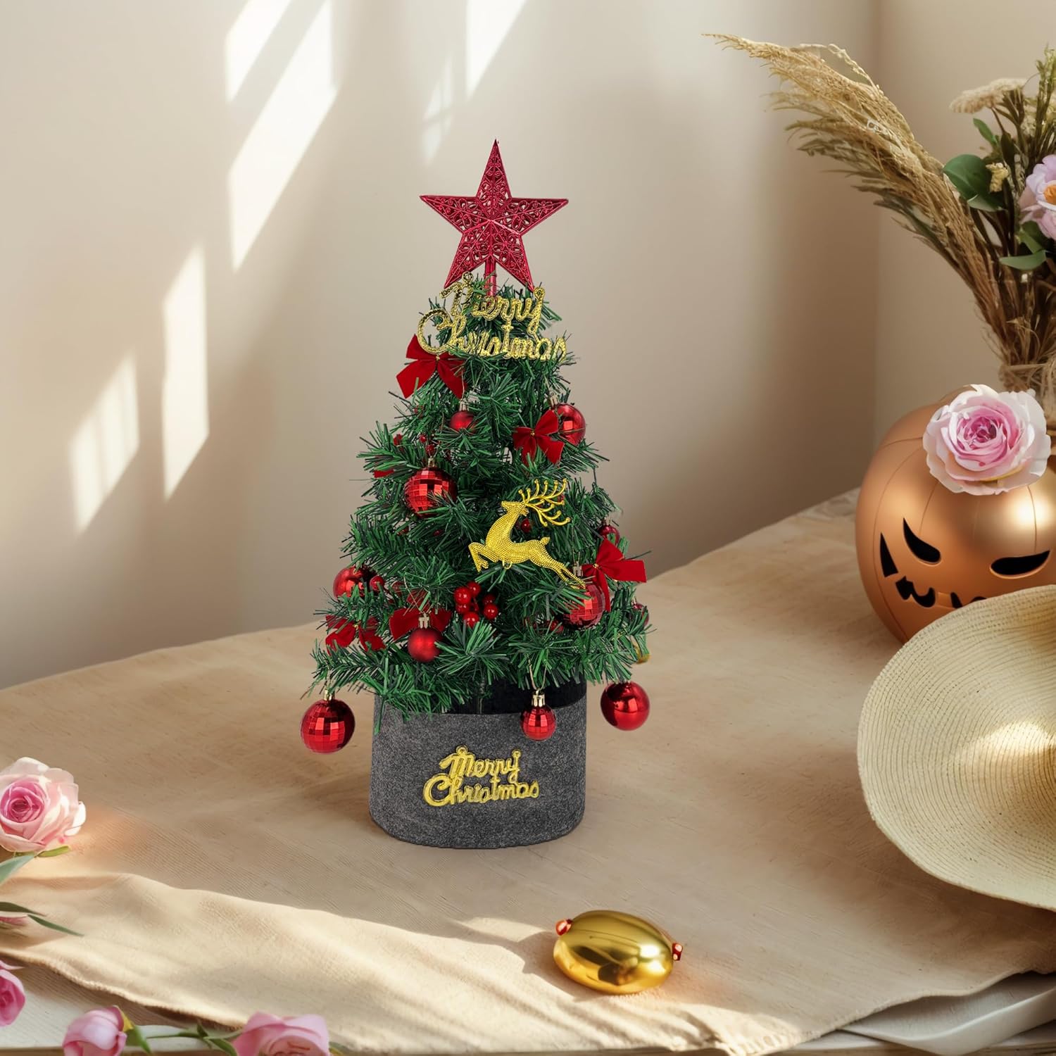 Tree Company Pre-lit Artificial Mini Christmas Tree - Red Star, Small White LED Lights, White Tipped Cones, Glitter Branches Pine Cones and Cloth Bag Base - Glittery Bristle Pine - 24 inch