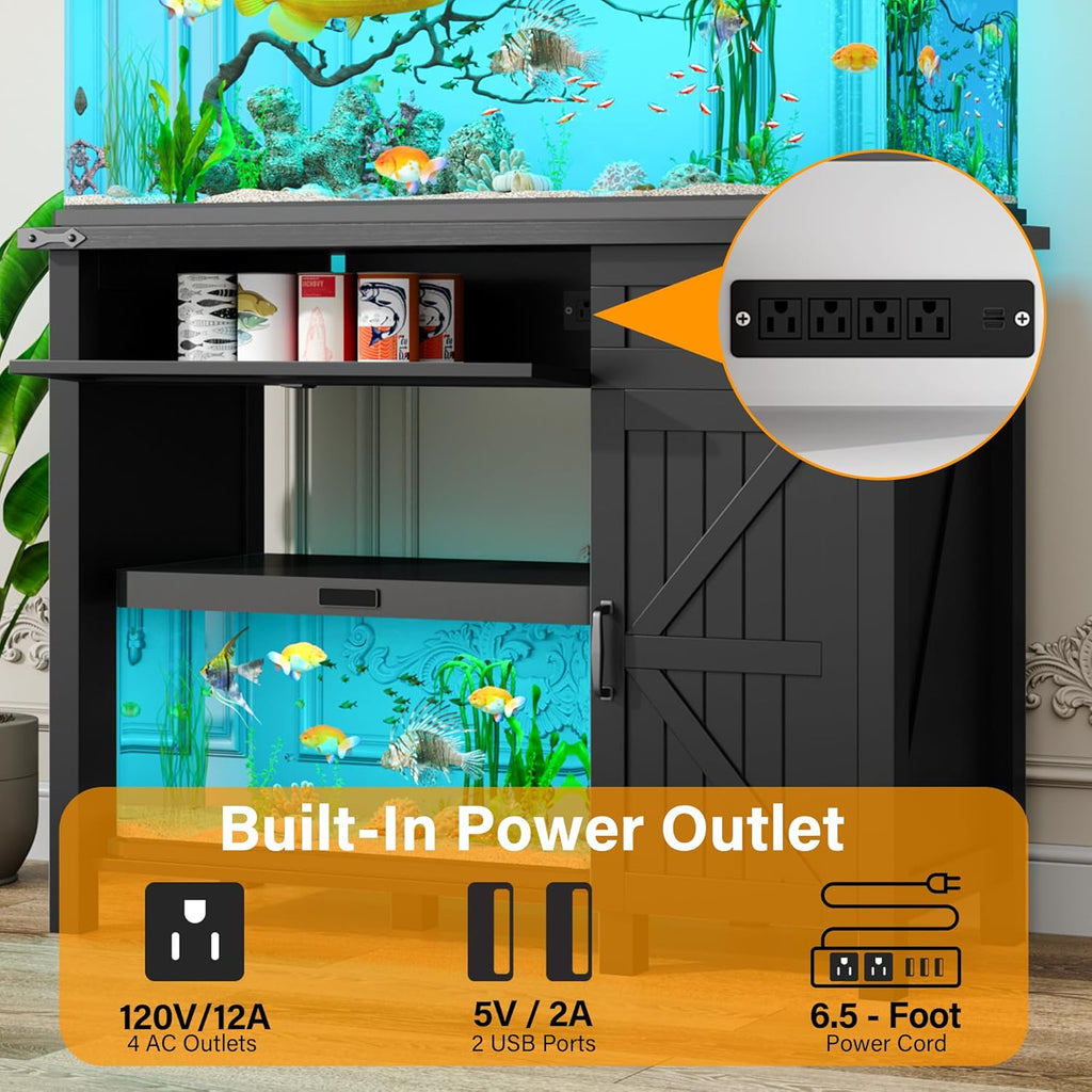 40 Gallon Fish Tank Stand with Power Outlets, Farmhouse Decorative Aquarium Stand Furniture with Adjustable Shelves and Storage Drawer, 30-40 Gallon Reptile Turtle Tank Stand(Black, 30-40GL)