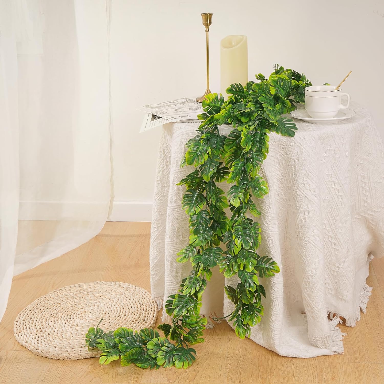 Dolicer 4Pcs Artificial Monstera Leaf Vines, 5.6Ft Fake Hanging Greenery Plants Tropical Palm Leaves Ivy Vine Monstera Garland for Home Garden Porch Patio Hawaiian Party Indoor Outdoor Décor