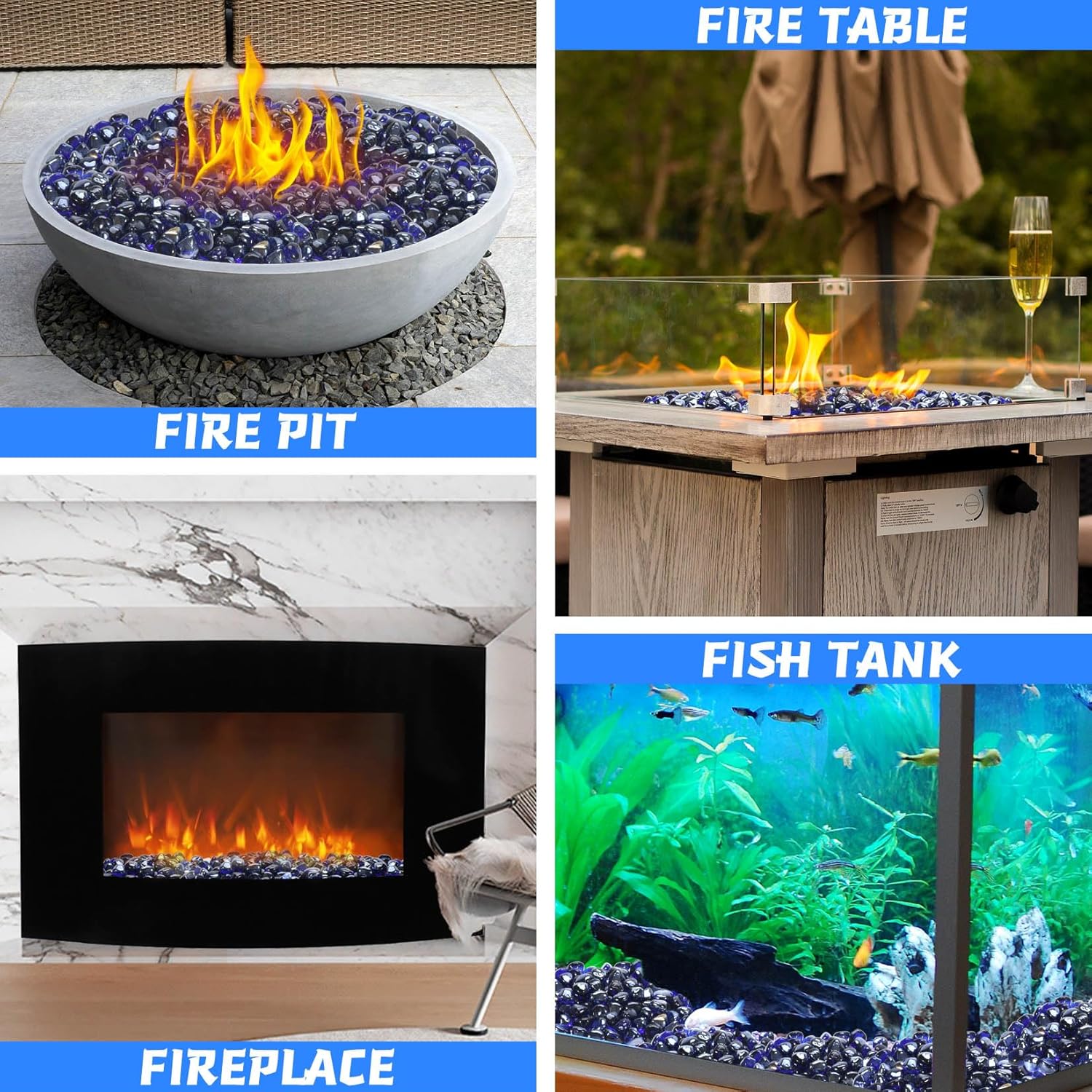 Fire Glass, Cobalt Blue Fire Stone for Propane Firepit, Fireplace and Outdoor Decorative. High Luster Diamonds 1 Inch Glass Beads, 10LB