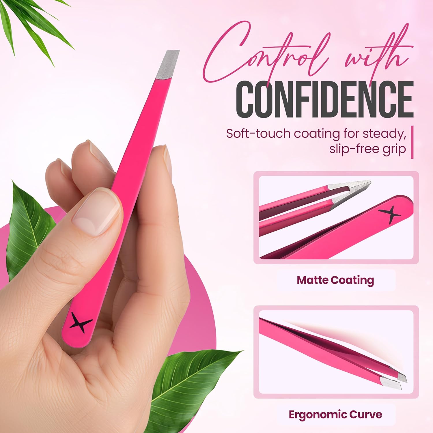 Slanted Stainless Steel Tweezers for Men & Women - Precision Eyebrow Tweezers for Facial Hairs, Strong Grip, Fine Tip, Professional Tweezer for Plucking & Grooming (Neon Pink)